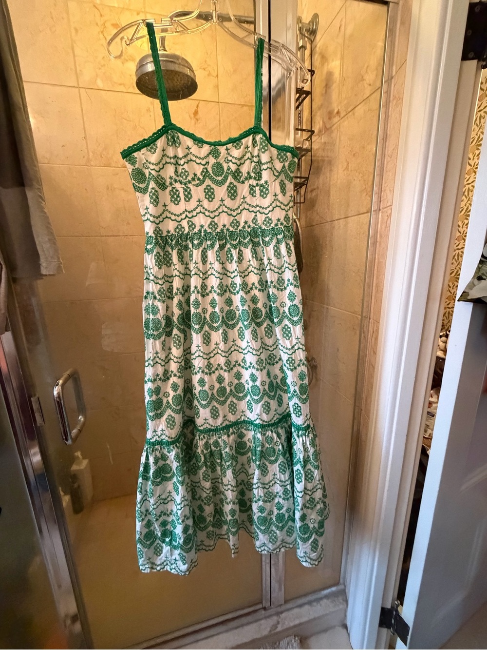 Adrianna Papell White Dress with Green Embroidered Trim